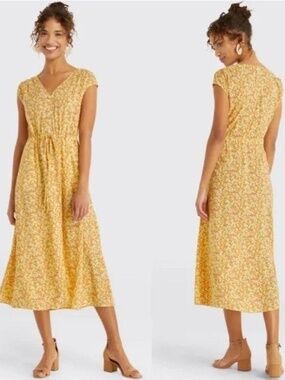 Draper James Yellow Floral V Neck Button Front Midi Dress